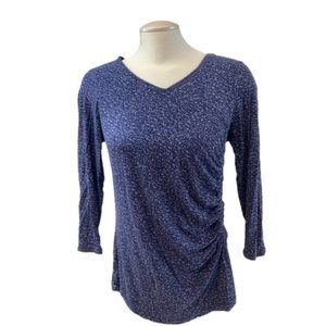 Navy polka dot Sandwhich_ brand Vneck 3/4 sleeve top with rouching